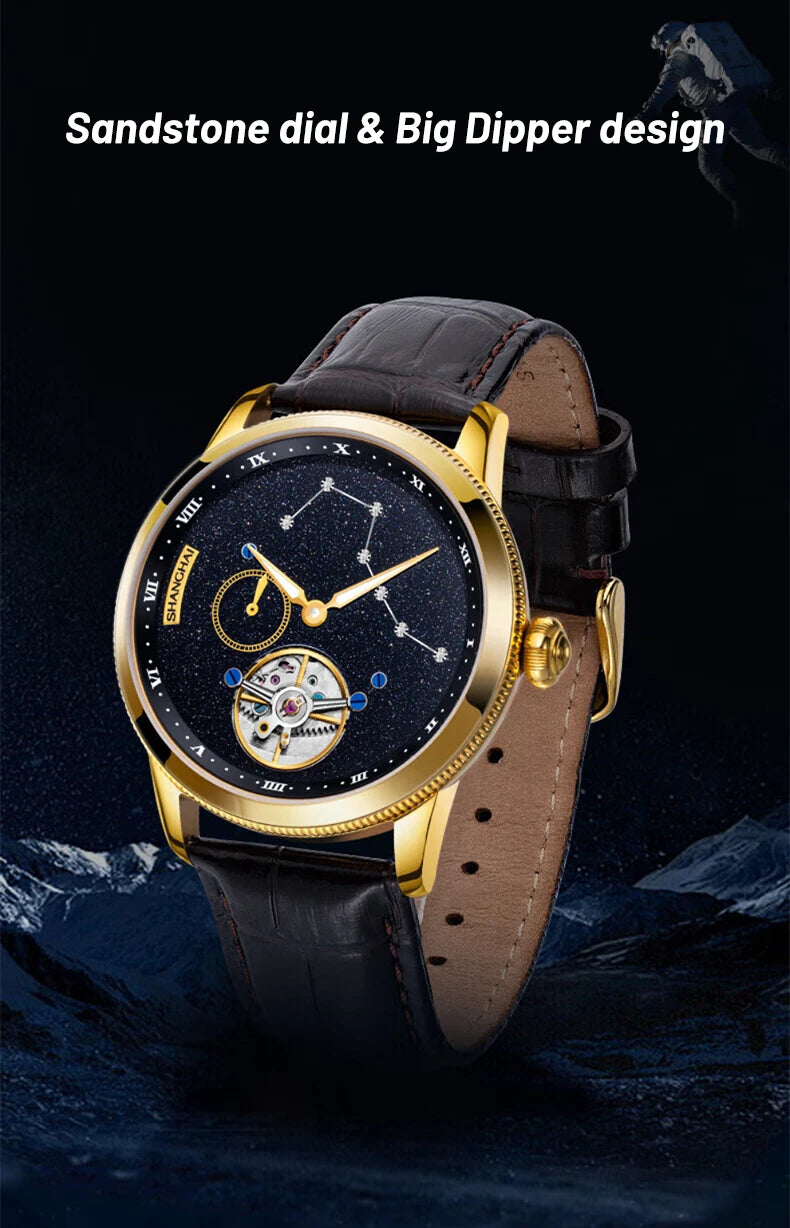 Shanghai Watch Carousel Manual Winding Mechanical Watches Luxury Men's Wristwatch Rotating Dial Luminous Waterproof Watch 6813J