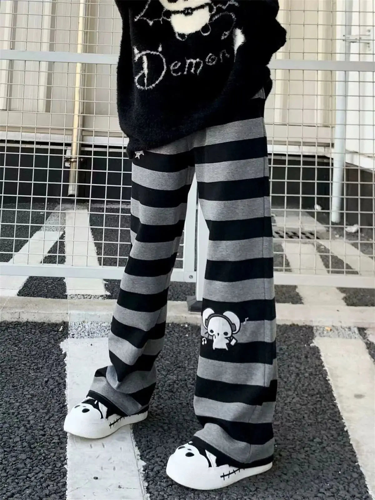 Harajuku Y2K Punk Anime Printed Striped Pants Straight Leg CleanFit PVC Material ex Neutral Sle Casual Trousers