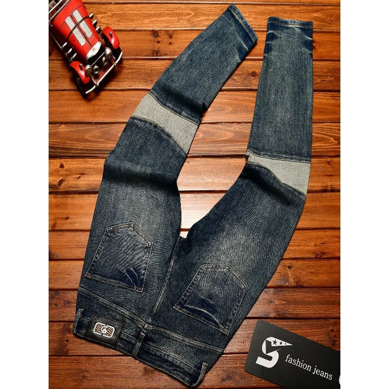 Fashionable high-end jeans for men, slim fit, small feet, washed retro patchwork design, trendy and luxurious men's pants