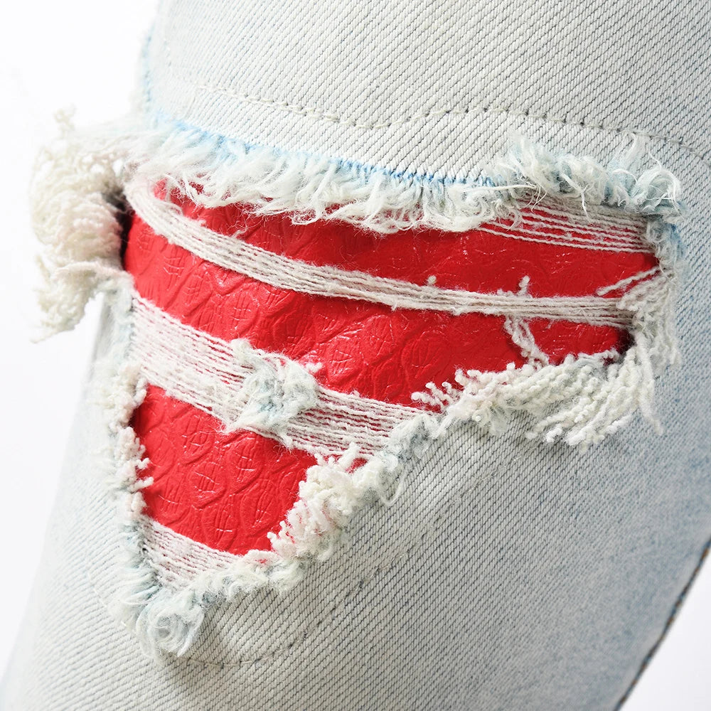 Men's Snake Embroidery Skinny Jeans Streetwear Red Leather Patch Pants Holes Ripped Distressed Denim Tapered Trousers
