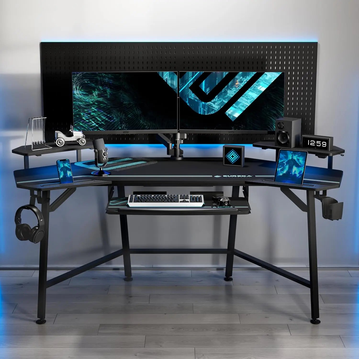 Aero 72 Inch Gaming Desk with Keyboard Tray, Large Computer Desk Led Lights, Wing-Shaped Monitor Stand Dual Headphone Hanger Cup