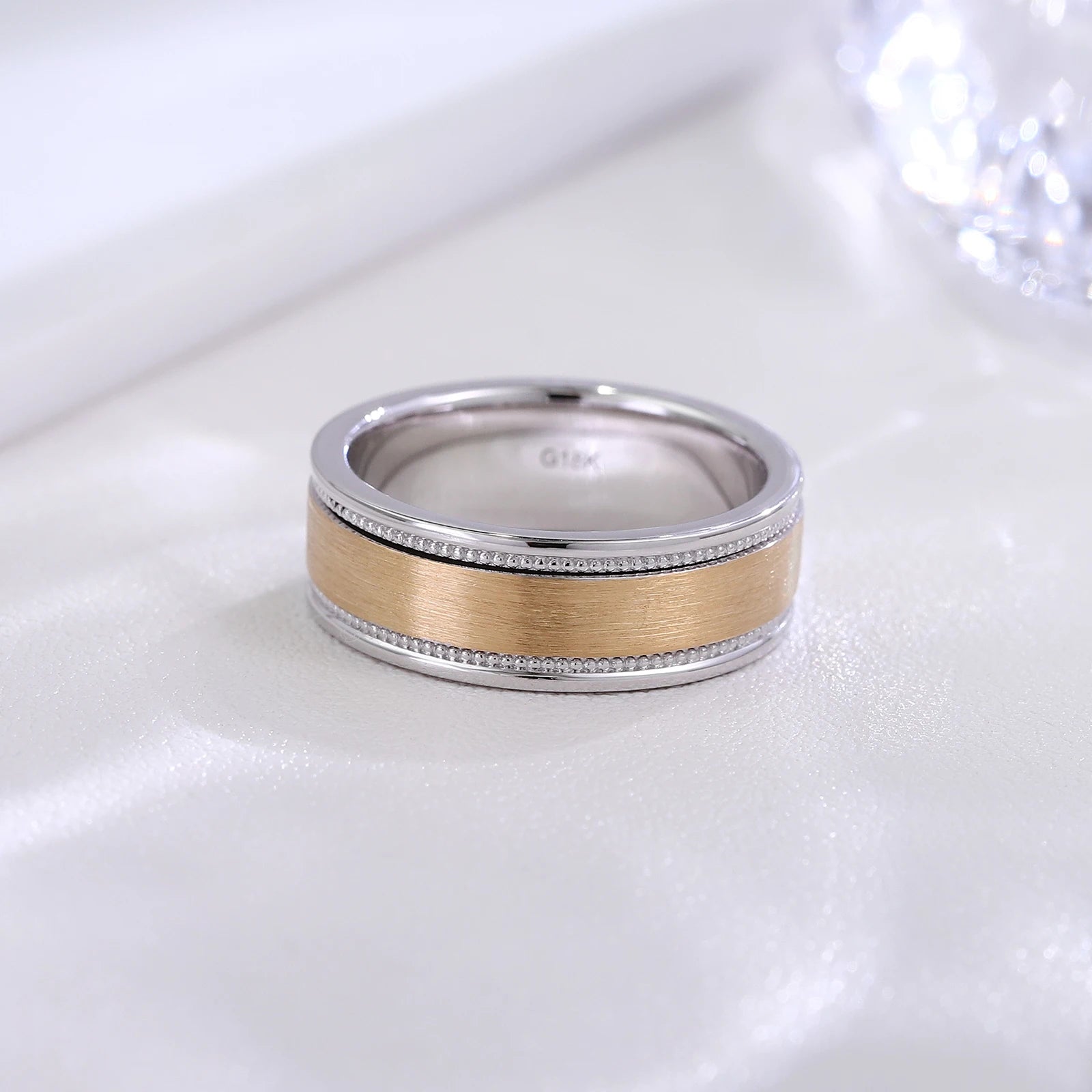 Provence Classic Plain Ring 14K18K Yellow white two color Solid Gold for Men Wedding Satin Finish milgrain Design Custom