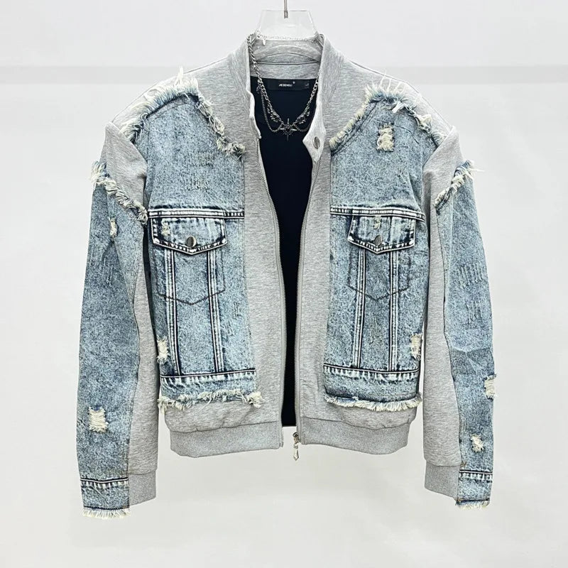 HKSH Spring Autumn New Men Trend Ripped Frayed Denim Patchwork Jacket Elastic Waist Wide-Leg Pants Fashion Two-Piece Set HK16899