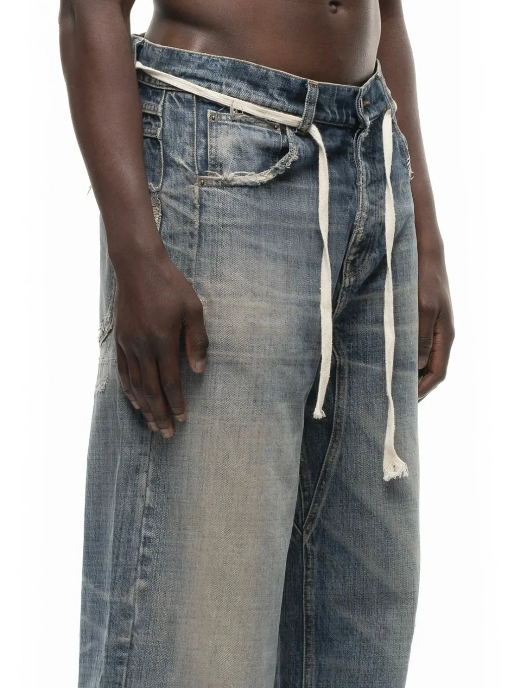 No faith studios washed pussy whiskers made old handmade ripped loose wide legs light blue jeans