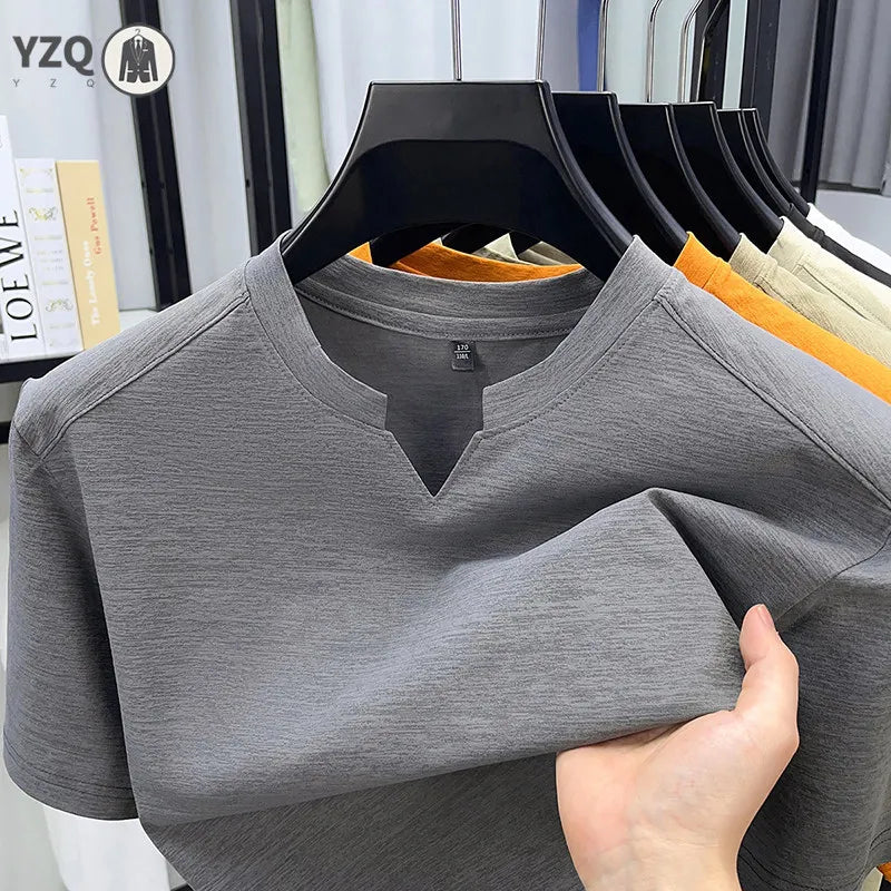 Korean Men's Short Sleeve V-Neck T-Shirt Solid Color Casual Fashion Comfortable Summer Versatile Solid Top