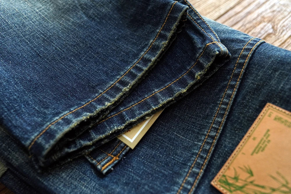 Sauce zhan Bamboo shaped yarn Mens Jeans Selvedge Denim Jeans Distressed Wash jeans for men Straight Fit 14 Oz