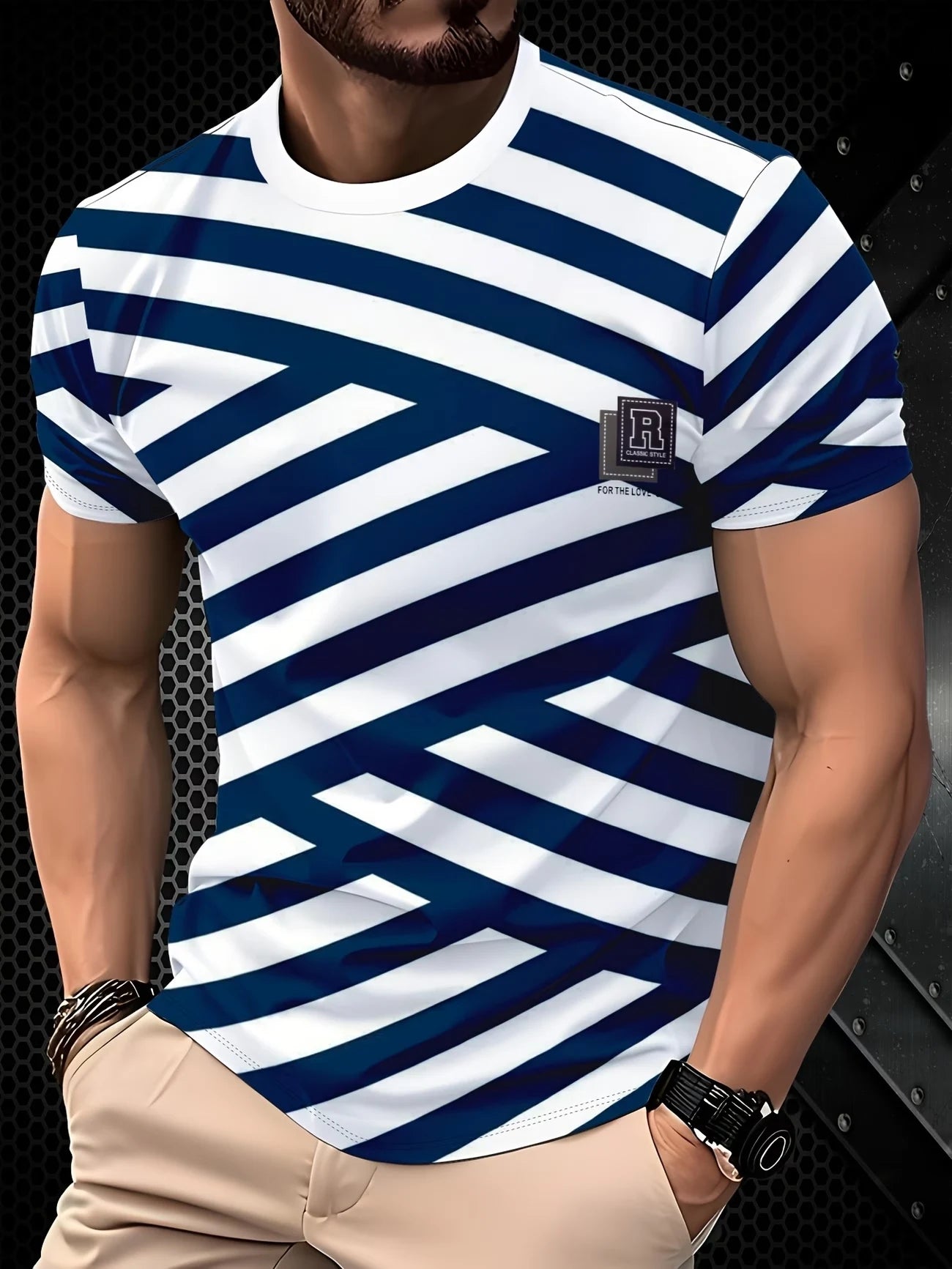 Men's Summer Color Block Striped T-Shirt, Black Green White Patchwork Design with Vertical Stripes & Minimal Logo, Streetwear St