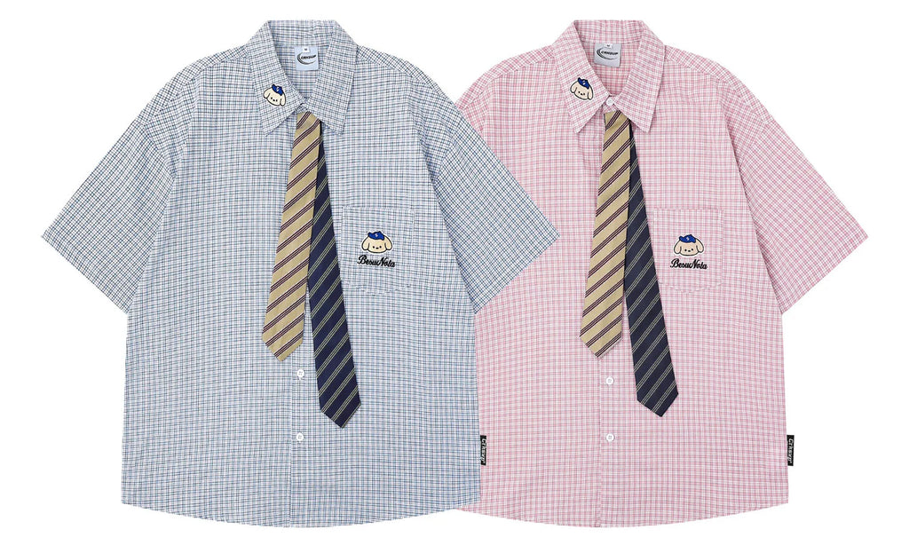 Retro Japanese Cartoon Dog Embroidery Plaid Double Collar Design Short Sleeve Cotton Shirt for Men And Women Couple Style Cas...