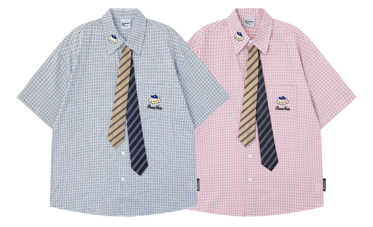 Retro Japanese Cartoon Dog Embroidery Plaid Double Collar Design Short Sleeve Cotton Shirt for Men And Women Couple Style Cas...