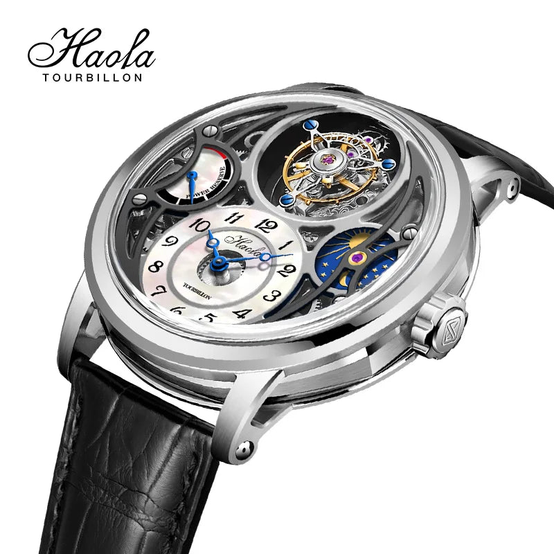 Haofa Manual Tourbillon Watch for Men Moonphase Energy Display Dial Skeleton Movement Sapphire Mechanical Wristwatches 1939