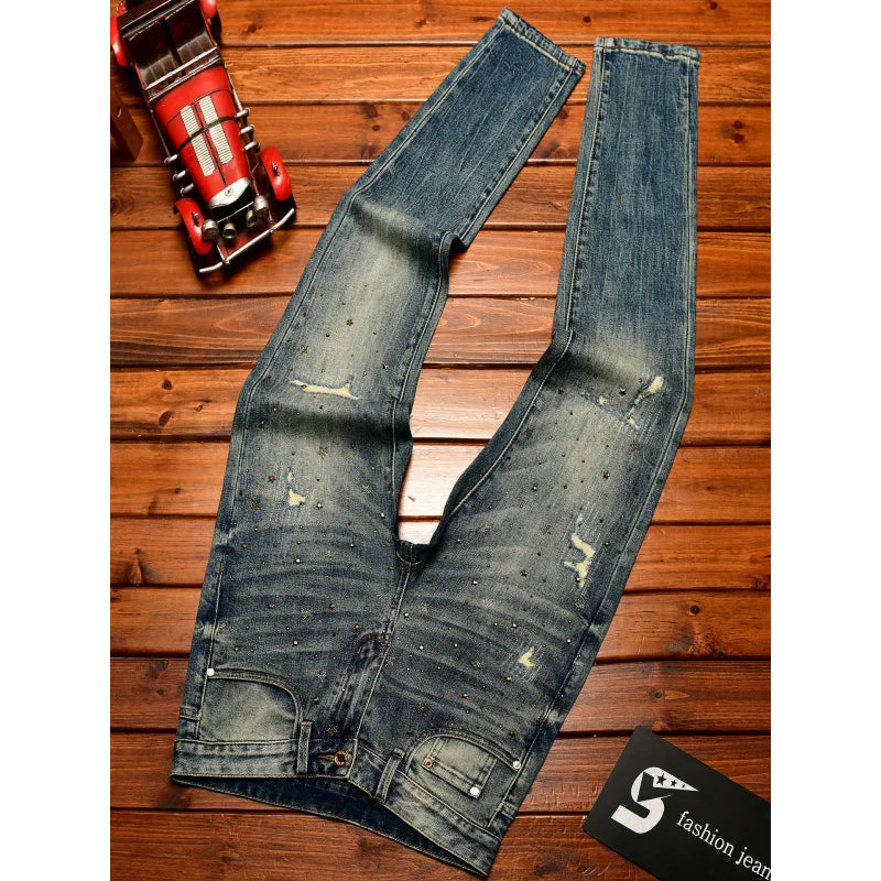 Fashionable light luxury jeans with men's patch design trendy retro elastic ripped pants
