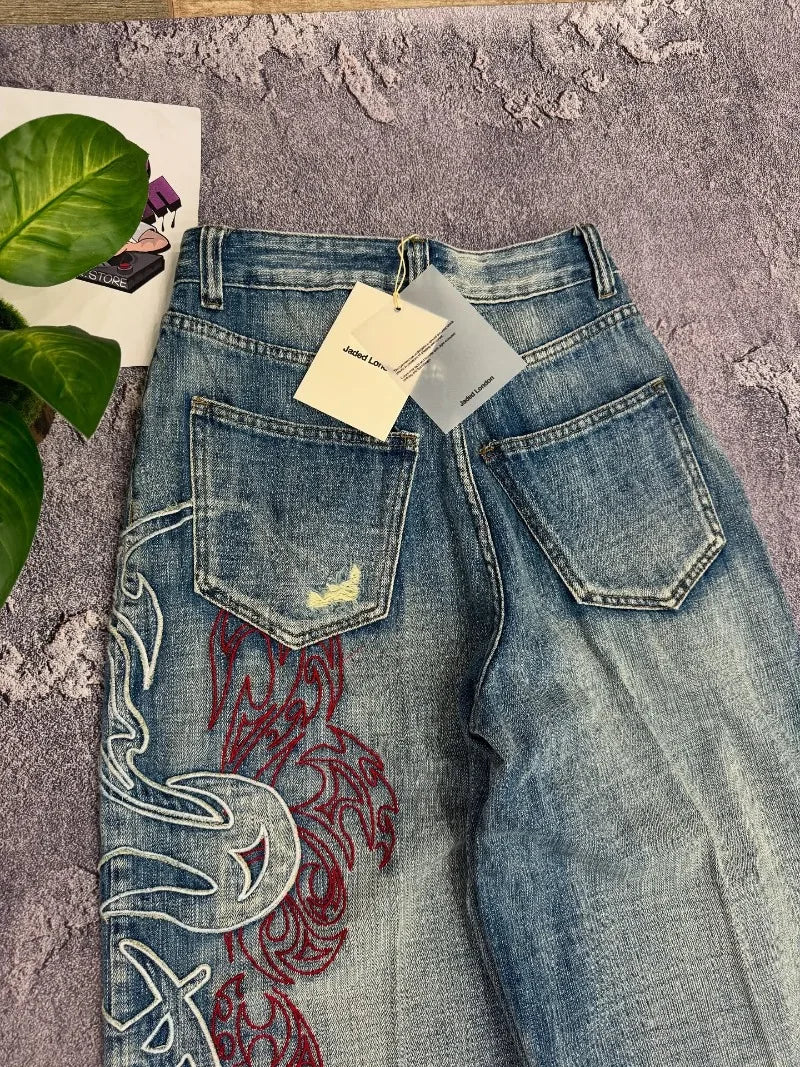 Y2K Embroidered Baggy Jeans Women Rock Hip Hop Retro Popular Casual High Waist Wide Leg Pants Streetwear New Fashion Big Pattern