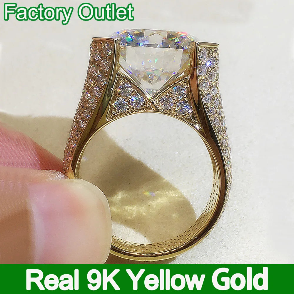 Custom Real 9K Yellow Gold Ring Men Engagement Anniversary Party Wedding Ring Round Moissanite Diamond Luxury 6 7 8 9 10 Carat