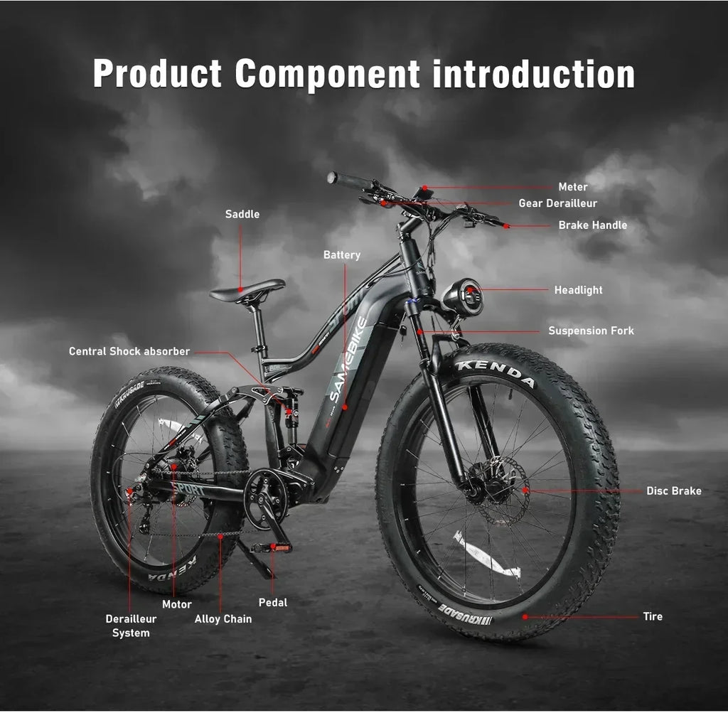 SAMEBIKE RS-A08 Electric Mountain Bike 1000W Motor 48V 17Ah Battery 26 Inch Tire Electric Bicycle 45km/h Shock Absorption e-Bike