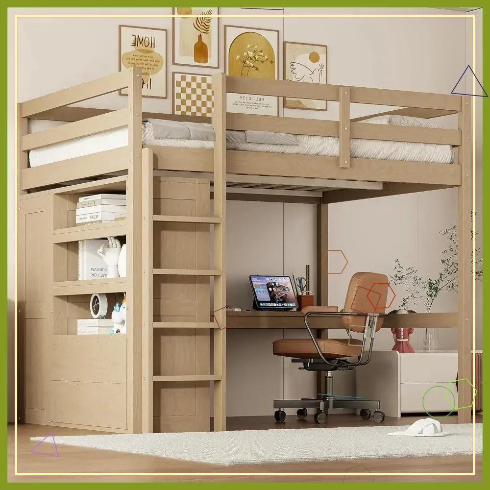 Full Size Loft Bed with Desk, Wardrobe, Drawers & Shelves - Space-Saving Wooden Frame for Kids Teens Adults