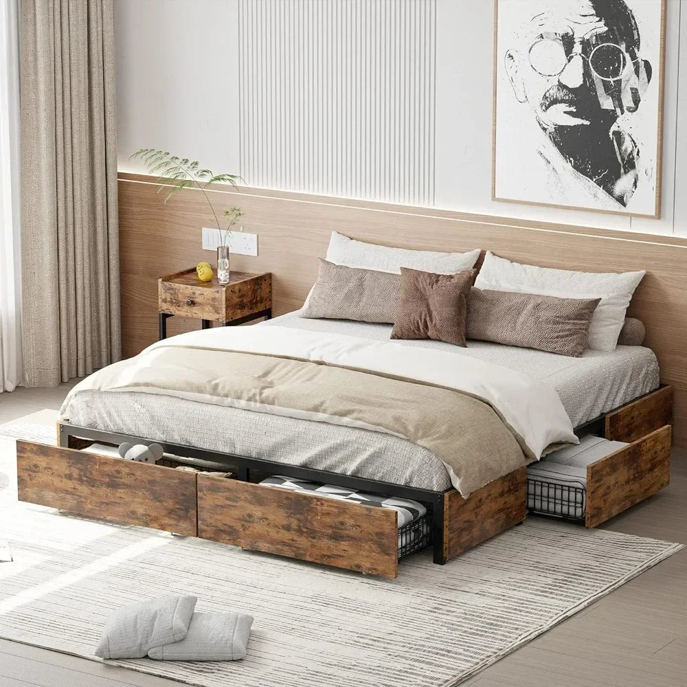 Queen Size Bed Frame, 4 Drawers And Heavy Strong Metal Support Frames