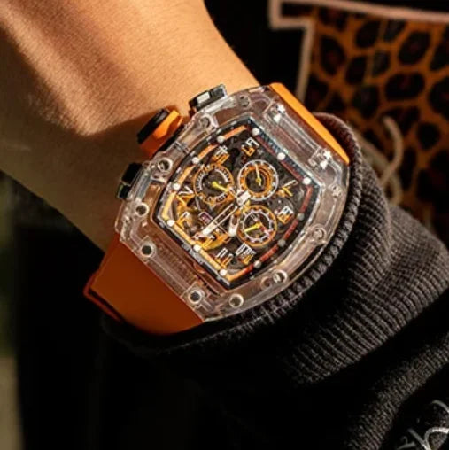 CRONUSART Men Chronograph Watch Tonneau Mechanical Wristwatch Sapphire Case & Mirror Luminous FKM Strap Skeleton Dial