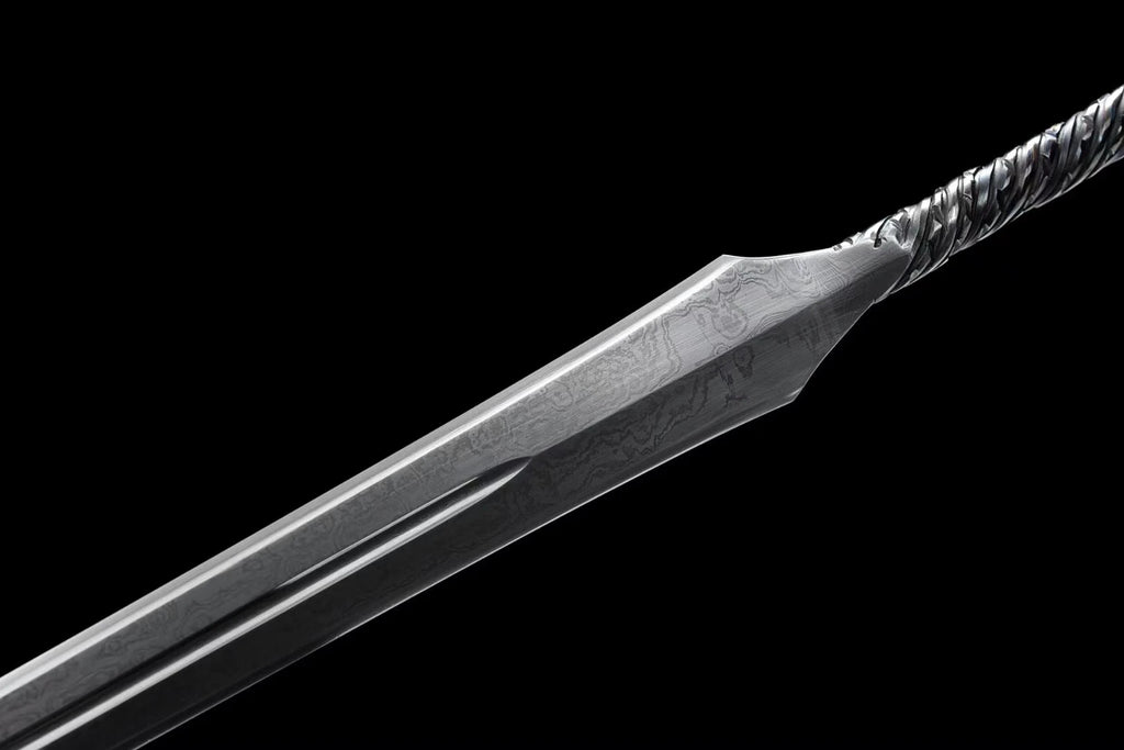 medieval Viking era samurai sword and a folded Damascus steel one-piece sword are ready for battle, handcrafted sharp weapons