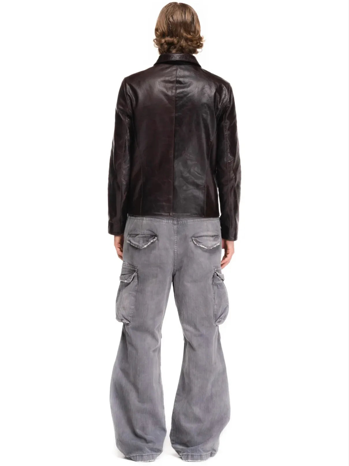 No faith studios herringbone twill grey ripped patch paint multi-pocket overalls