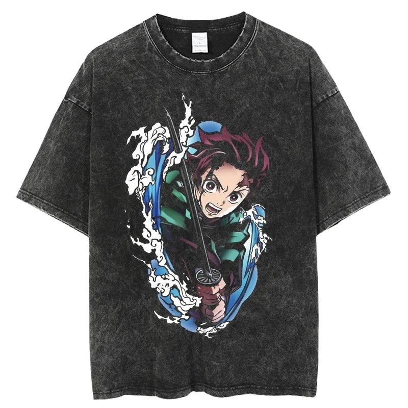 2024 Kimetsu no Yaiba Japanese Anime T Shirt Harajuku Man T Shirts Tees Shirt Tops Design Washed Black Short-Sleeve unisex top
