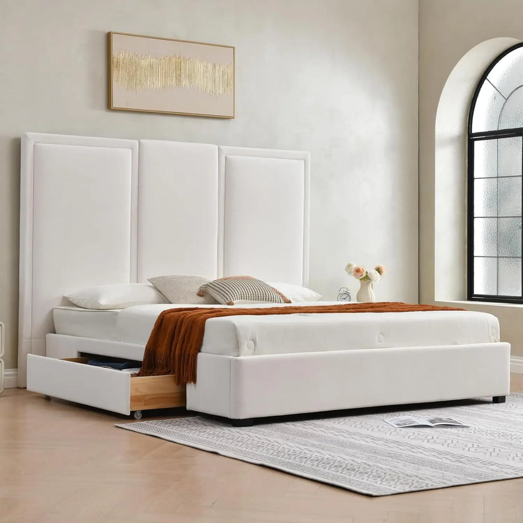 King Size Bed Frame Linen Upholstered Platform with 64-inch High Headboard And Storage Simple Airey Design Customized