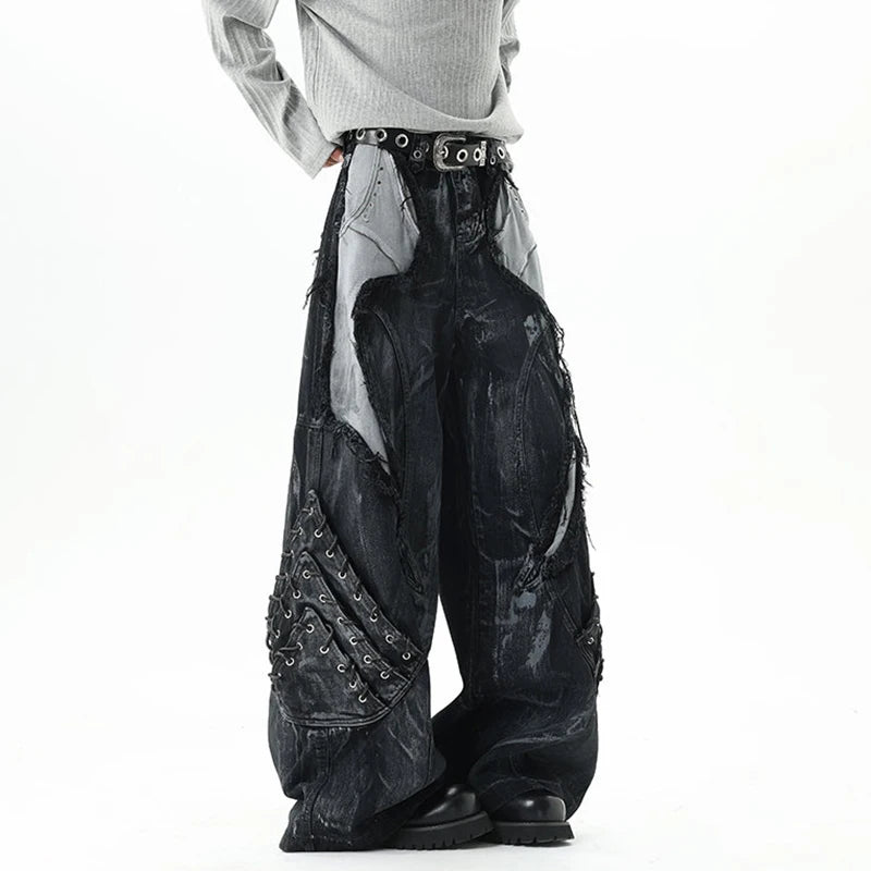 High Street Men's Denim Trousers Patchwork Contrast Color Drawstring Raw Edge Dirty-dying Worn-out Male Jeans New