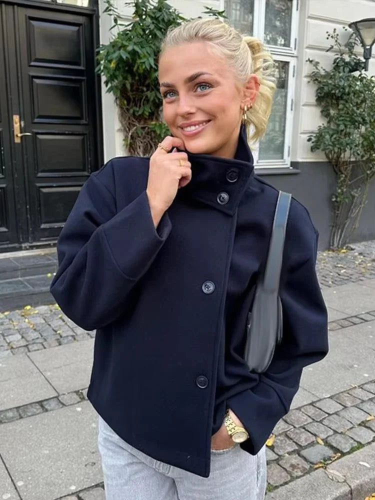 Urban Black Woolen Blend Coats Women Stand Collar Single-breasted Long Sleeve Thick Warm Jacket 2025 Autumn Winter Lady Outwear