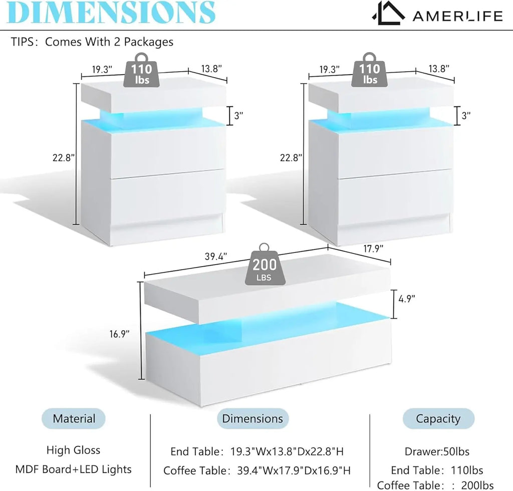 High Gloss 3 Pieces Living Room Table Set, Modern LED Coffee Table Sets of 3, 2-Tier Center Table with 2 End Side Tables, White