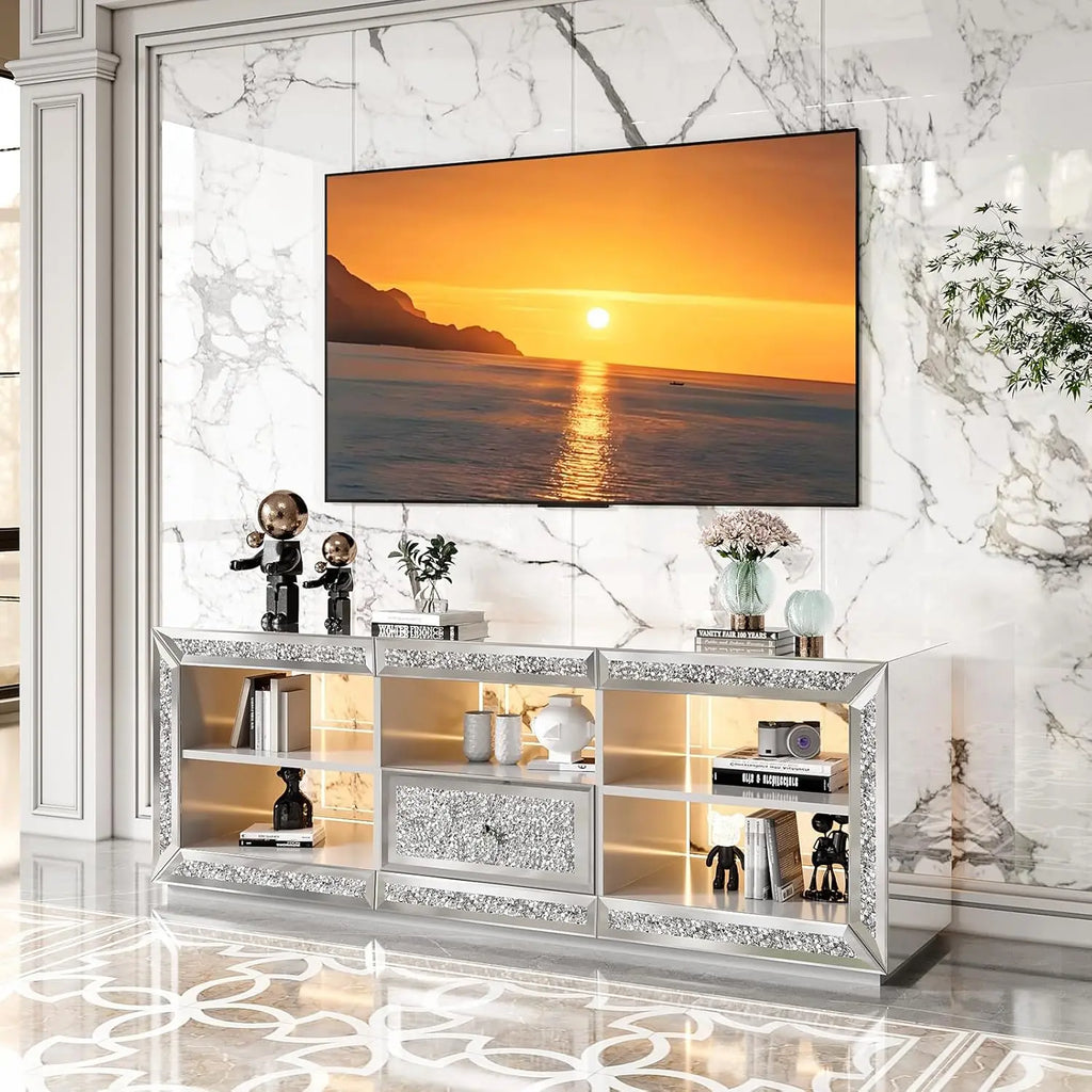 Mirrored TV Stand with Sparkling Diamonds & LED Lights for TVs Up to 65 Inch, Assembled Modern Entertainment Center with Drawer