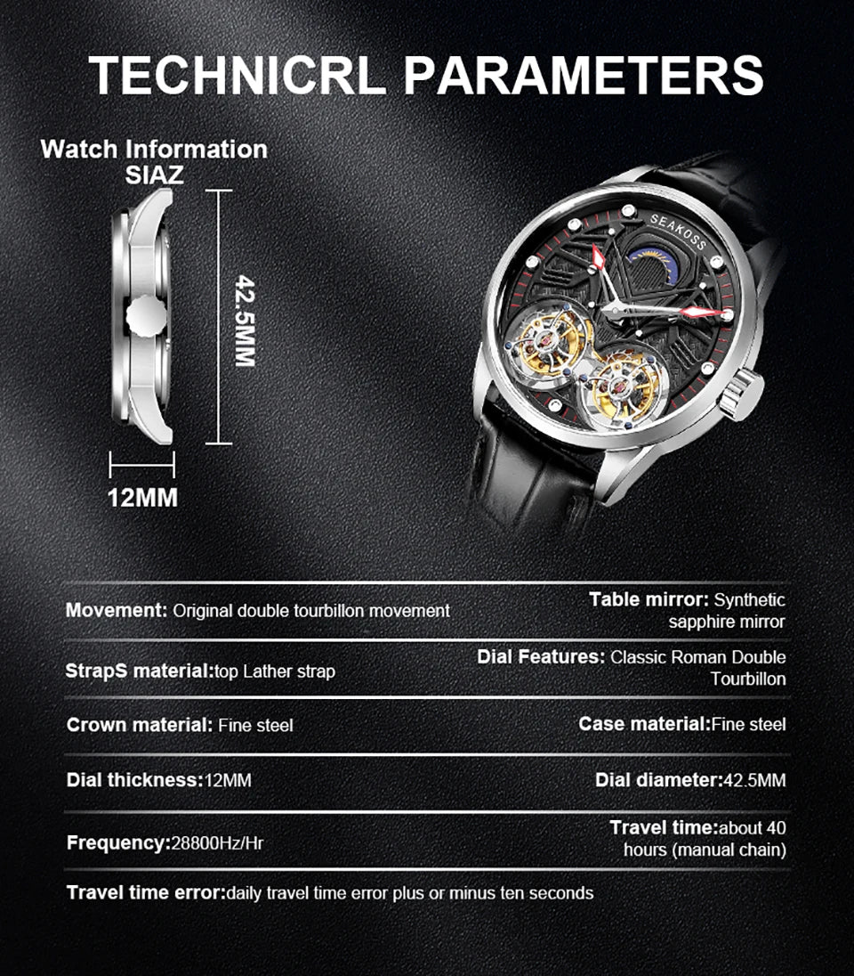SEAKOSS Luxury Skeleton Men's Tourbillon Manual Mechanical Watches Double Tourbillon Luminous Hands Watch for Men Sapphire Glass