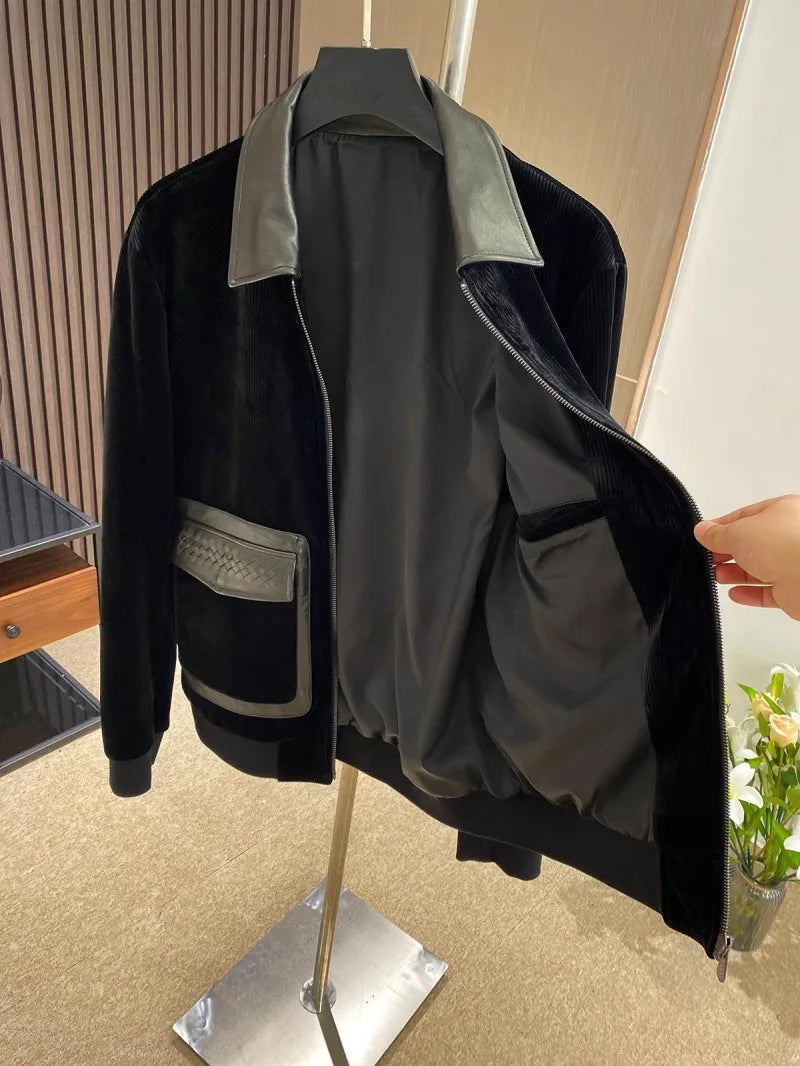 Design Business Mens Velvet Jacket Zipper Spliced Genuine Leather Casual Outerwear Loose Fit Long Sleeve Spring Autumn Men Coats