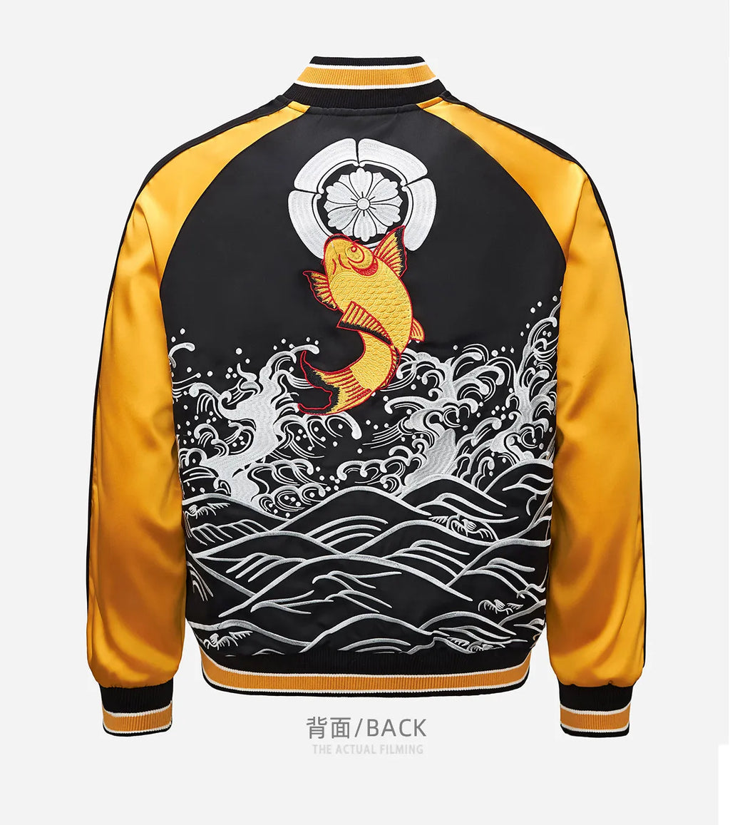 Japanese Sukajan Koi Fish Embroidered Satin Bomber Jacket Wave Print Varsity Jacket Men's and Women's Baseball Jackets