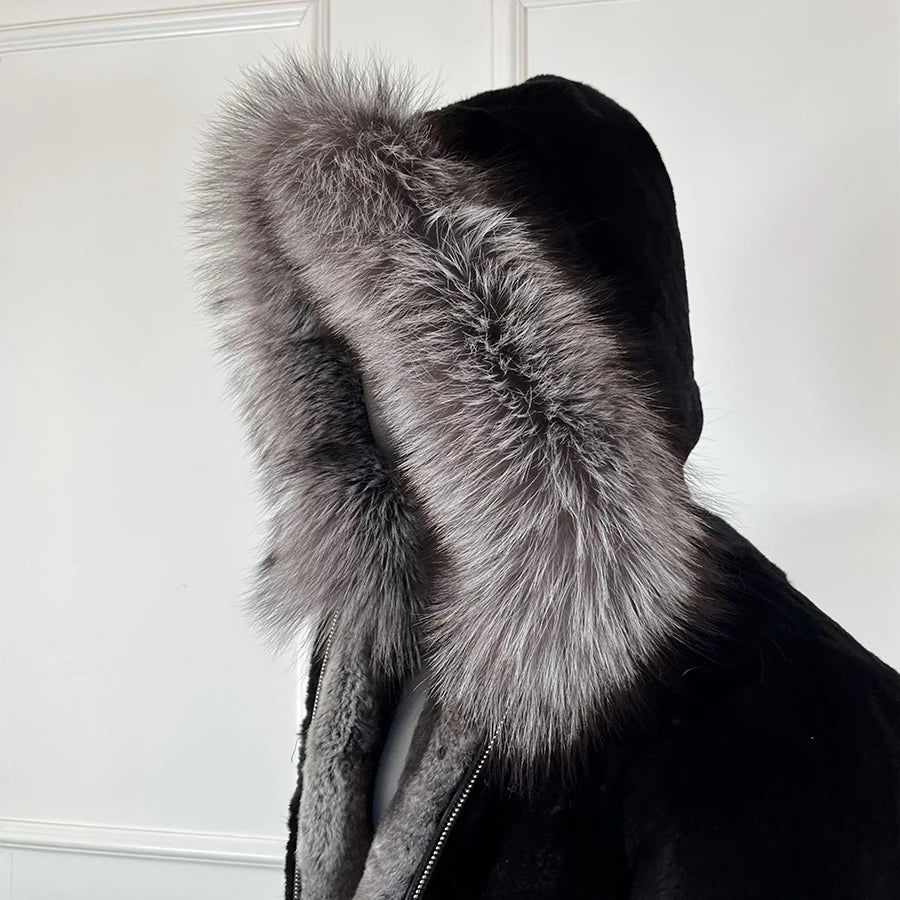 Men Rabbit Fur Coat Winter Short Real Rex Rabbit Fur Jacket With Hood Black Fur Coats Chinchilla Fur