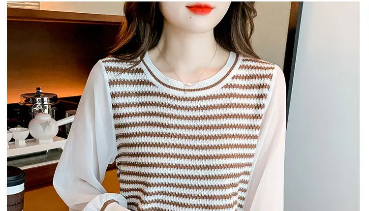 Patchwork Striped Fake Two Pieces Blouse Spring Autumn Long Sleeve O-neck Korean Shirt Tops Fashion Temperament Women Clothing