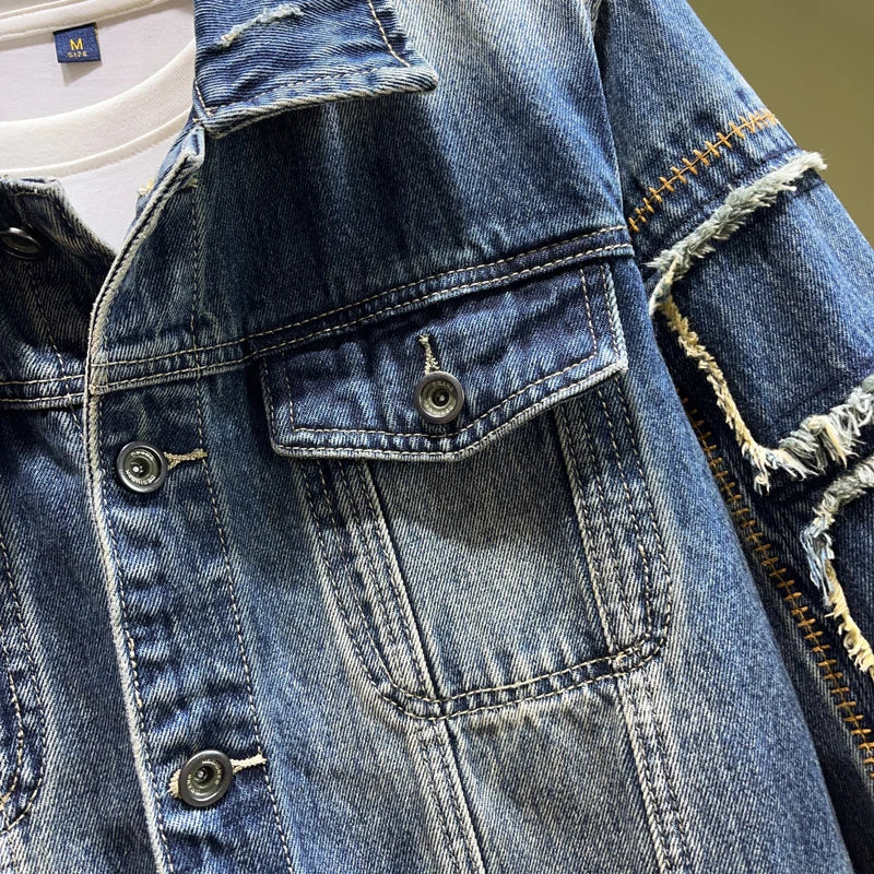 Streetwear Fashion Men Jacket High Quality Retro Blue Patched Designer Ripped Denim Jacket Men Coats Hip Hop Chaquetas Hombre