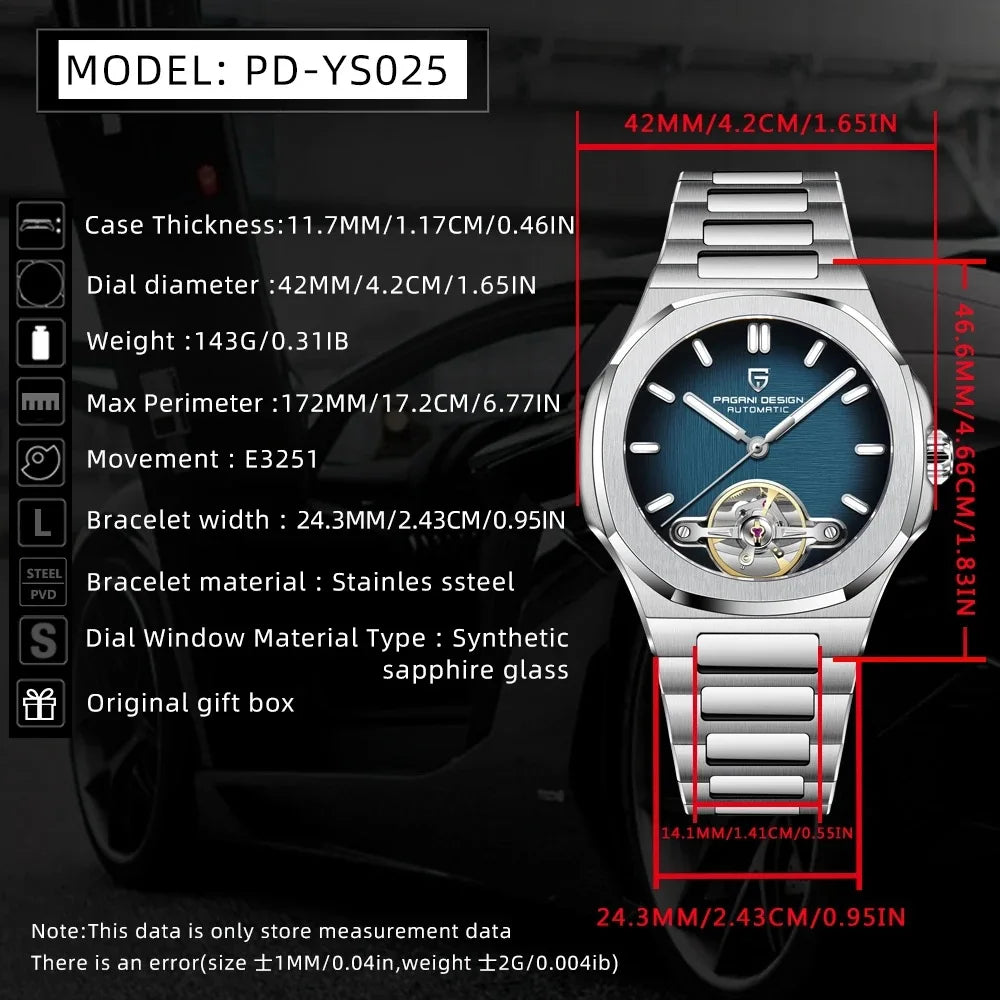 PAGANI DESIGN PD-YS025 New Automatic Men's Watch Full Stainless Steel Mechanical Wrist Watch for Men, Sapphire Dial Glass