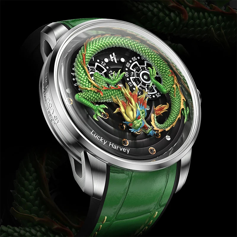 Lucky Harvey Automatic mechanical movement watches for men Synthetic sapphire 3D  Engraving Chinese dragon dial waterproof watch