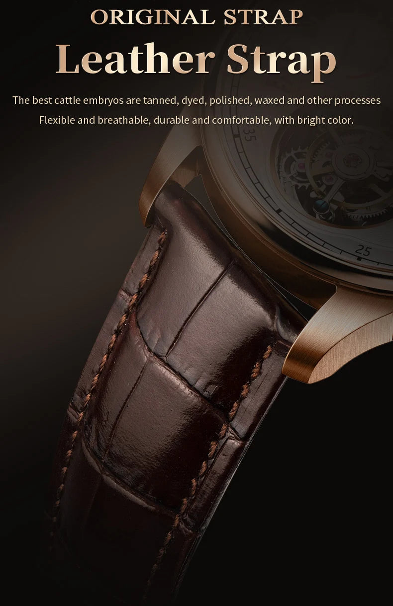 OUPINKE Men's Watch Top Luxury Fashion Original Tourbillon Mechanical Watch for Man Leather Strap Sapphire Mirror Moon Phase