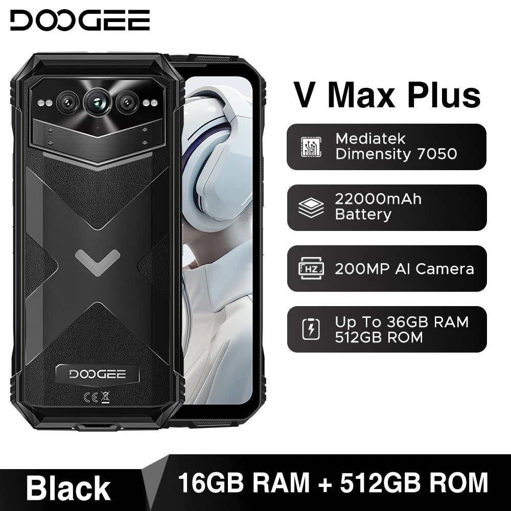 DOOGEE V Max Plus Rugged Phone 6.58" Display Dimensity 7050 Telephone Portable 36GB+512GB 22000mAh 200MP Smartphone Android 14
