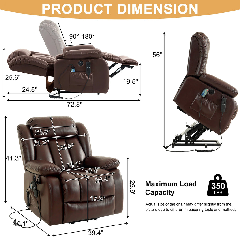 Power Lift Recliner Dual Motor, Electric Leather Chair for Elderly with Heat and Massage, Lay Flat Recliner with Storage