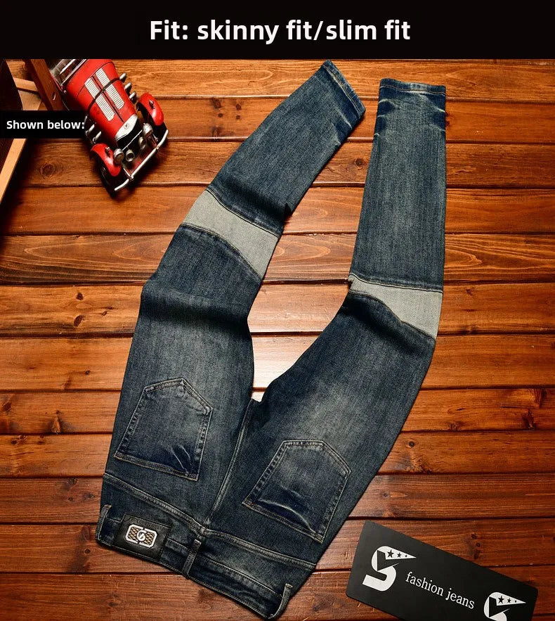 Fashionable high-end jeans for men, slim fit, small feet, washed retro patchwork design, trendy and luxurious men's pants