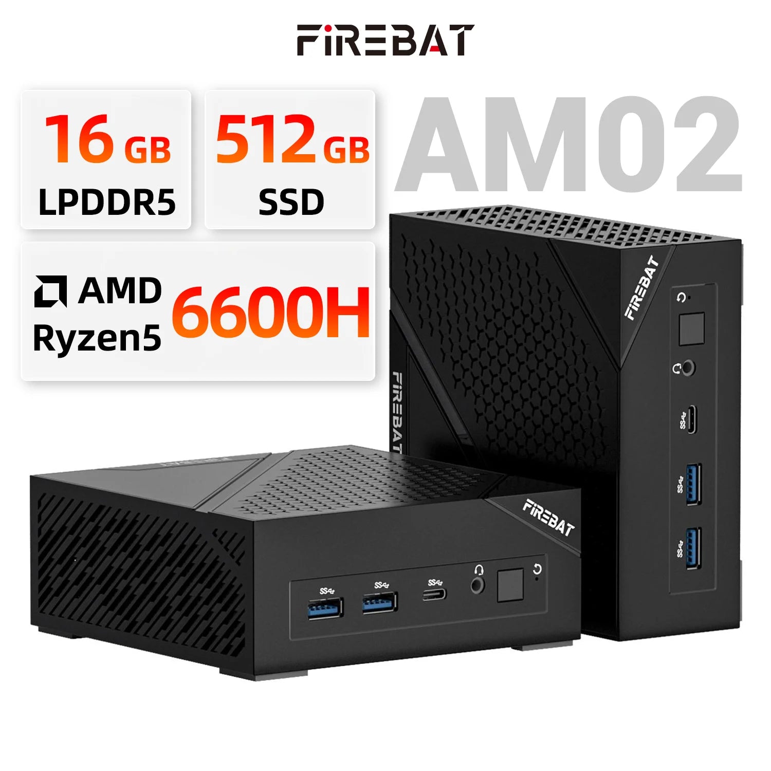 FIREBET AM02 Mini PC 6600H CPU 6C/12T UP TO 4.5GHz 16GB LPDDR5 RAM 512GB SSD Windows 11 2*RJ45 WIFI6 BT5.2 Gaming Computer