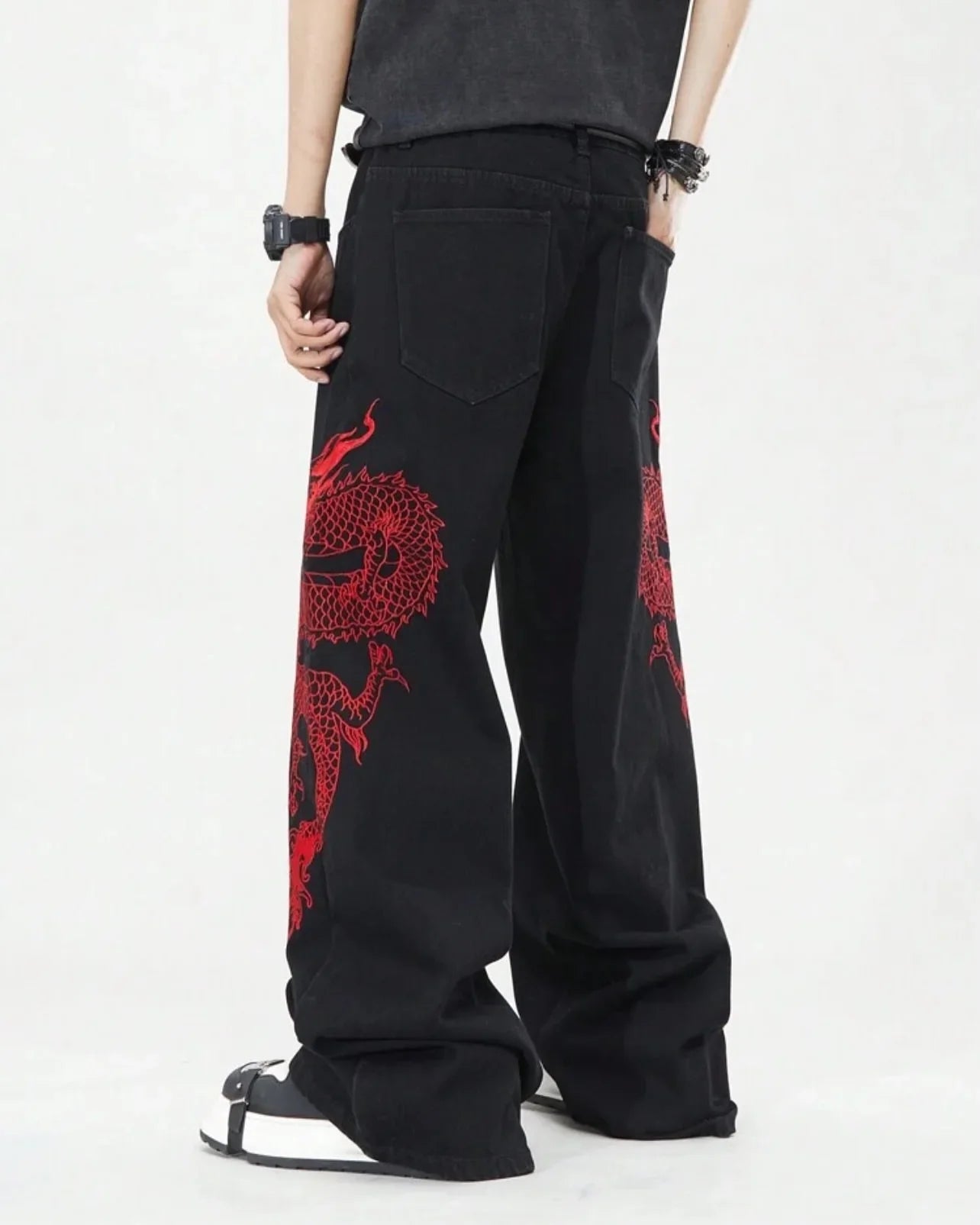 American Black New Retro Oriental Animal Print Fashion Loose Jeans Men And Women High Waist Hip-Hop Casual Straight Pants