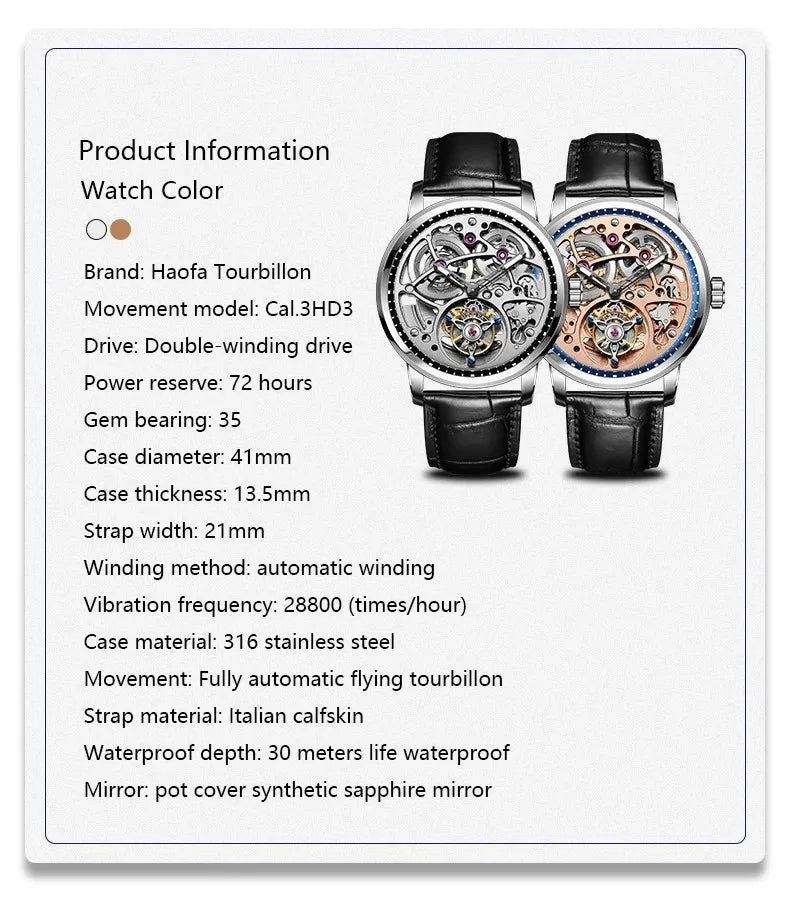 Haofa Skeleton Automatic Tourbillon Movement Men Watches 1931 Sapphire Tourbillon Mechanical Business Luxury Man Watch Hollow