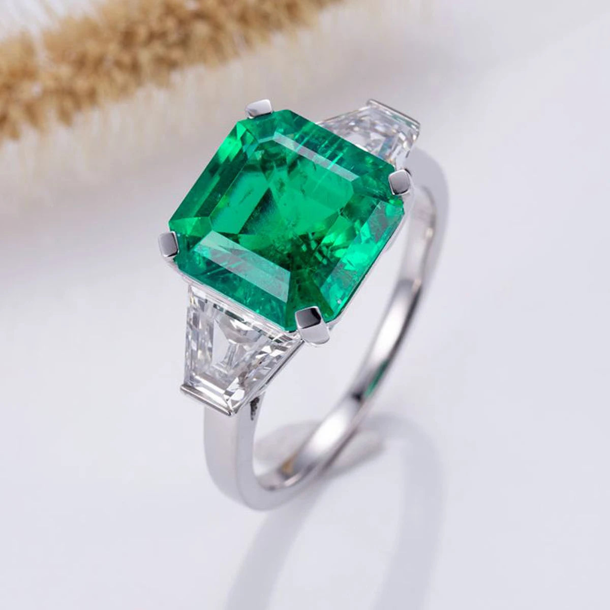 Square Emerald Cut Lab Grown Emerald Ring Three-stones 18K White Gold Lab Grown Emerald Ring Men Jewelry Gift