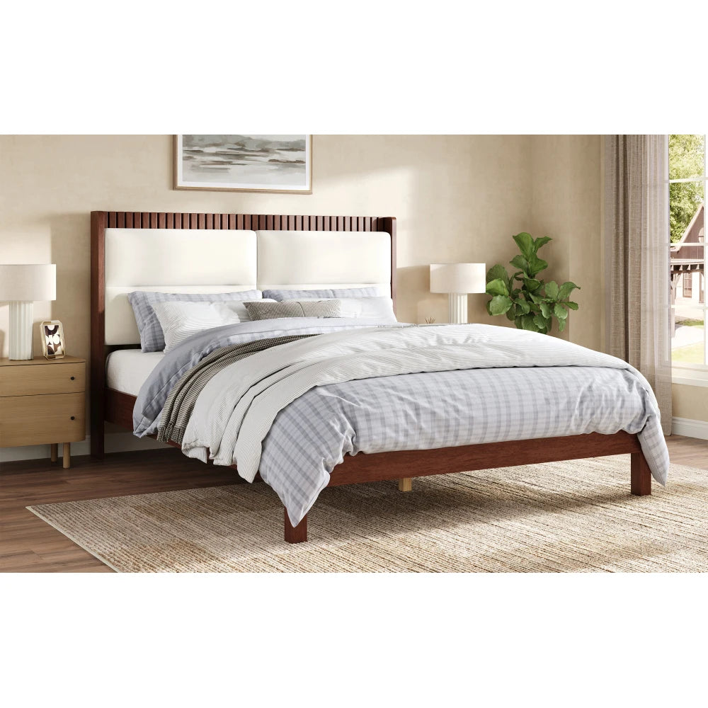 Solid Wood Queen Size Platform Bed Frame with Beige Velvet Upholstered Headboard, Espresso, No Box Spring Needed