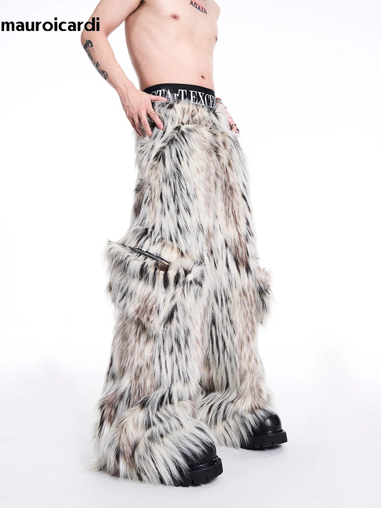 Mauroicardi Autumn Winter Long Colorful Thick Warm Hairy Fluffy Faux Fur Wide Leg Pants Men Pockets Runway Fashion Streetwear
