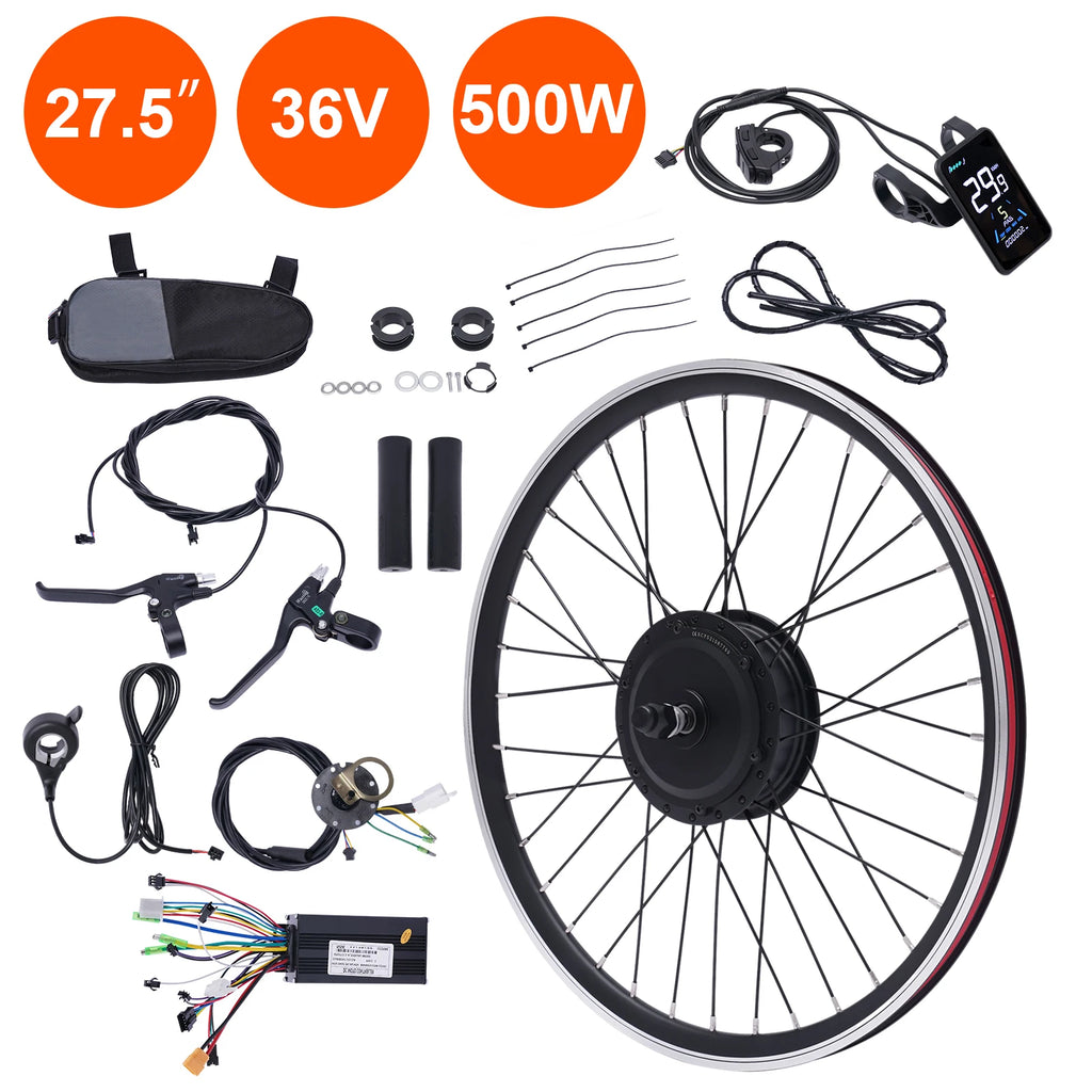 36V 500W Electric Bike Conversion Kit with LCD Display PAS Brake Levers Complete E-Bike Kit for 27.5"/700C Front Wheel