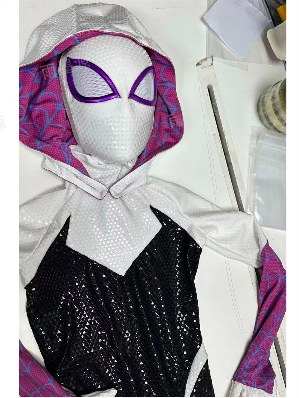 Hand-Printed Gwen Spider-Man  Jumpsuit with Mask 1:1 3D Handmade Customized Silk Screen Body Suit: Cosplay Costume