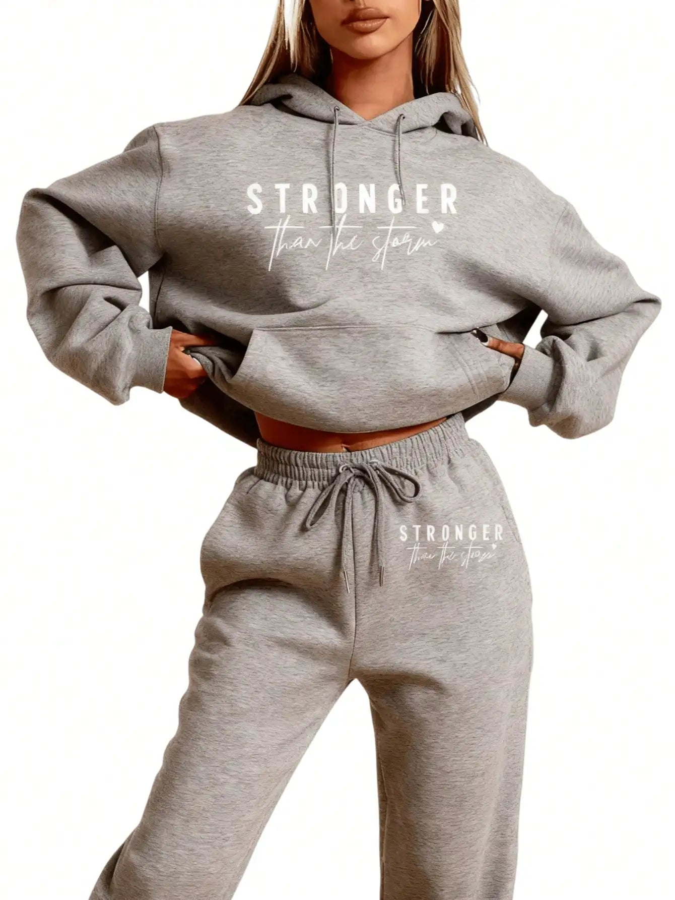 LC Women's Casual- 'Stronger Than The Storm' Letter Print Hoodie, White, Loose Fit With Pockets,